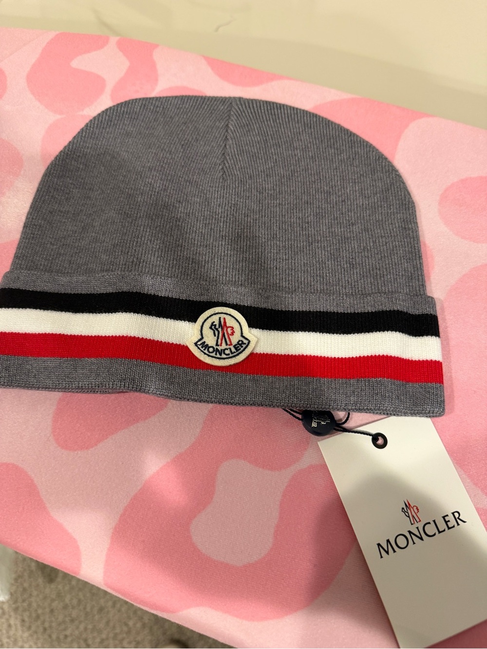 NWT Moncler Beanie Hat Gray Black and Red Wool & Rabbit Hair OS